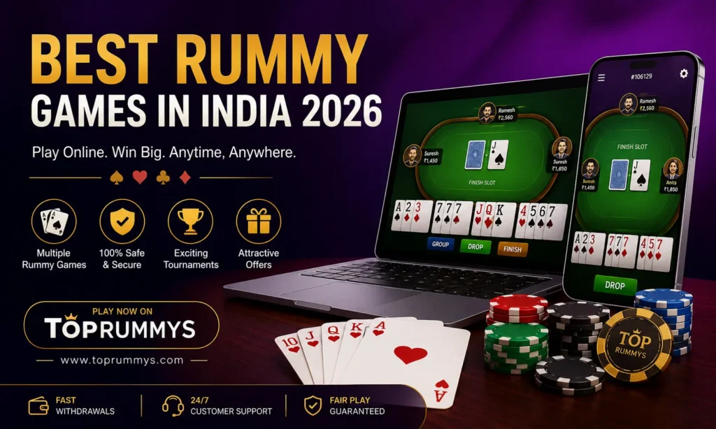 Professional online rummy gaming platform displayed on laptop and smartphone showcasing the best rummy games in India 2026.