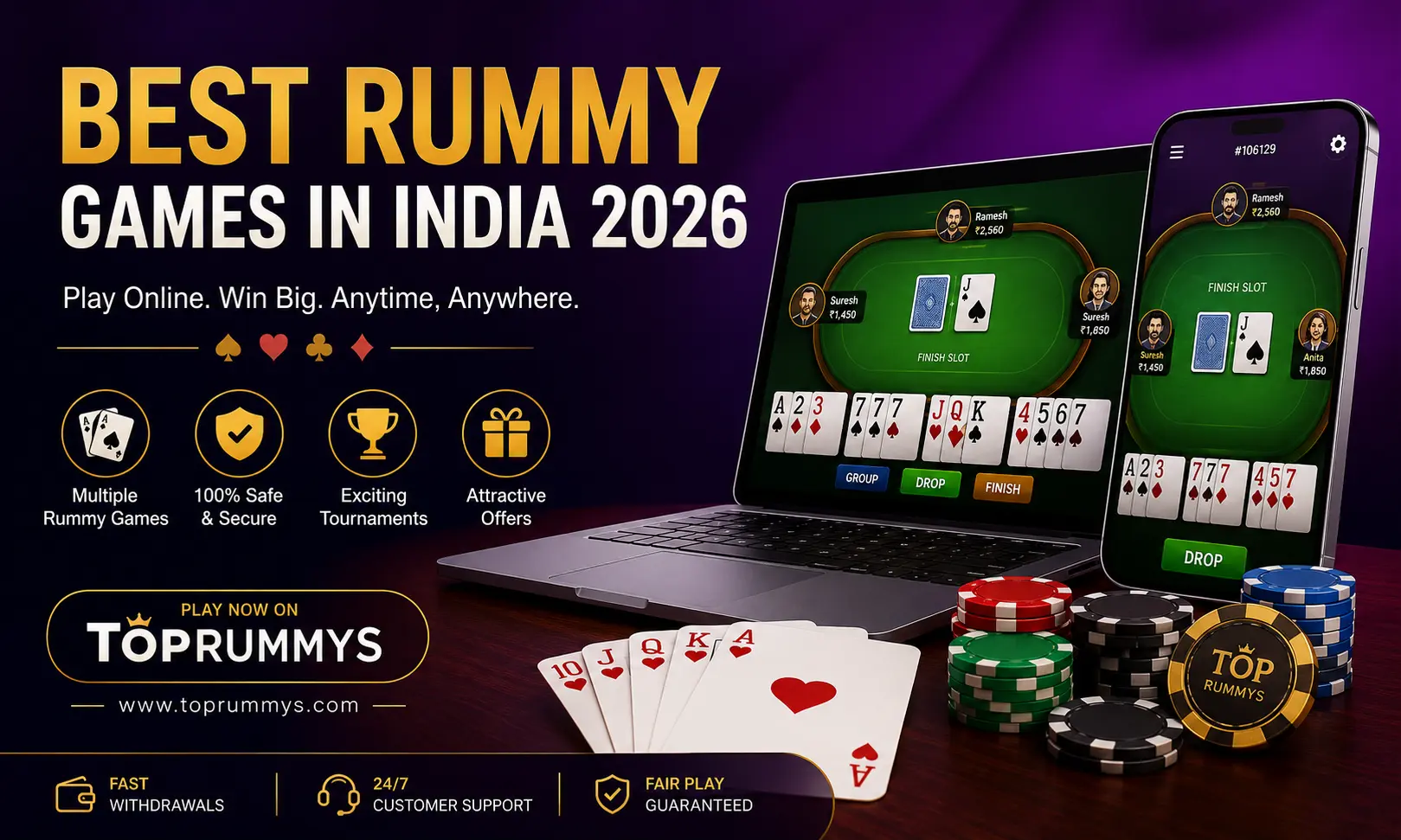 Professional online rummy gaming platform displayed on laptop and smartphone showcasing the best rummy games in India 2026.