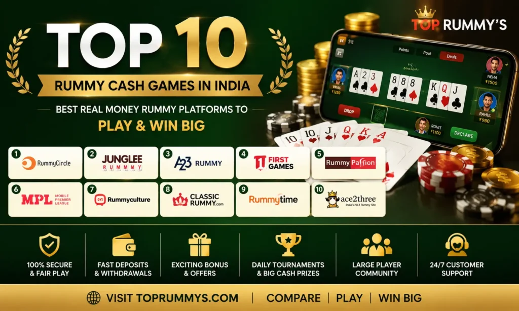 Top 10 rummy cash games in India 2026 featuring the best real money rummy apps, cash tournaments, bonuses, and secure online gameplay.