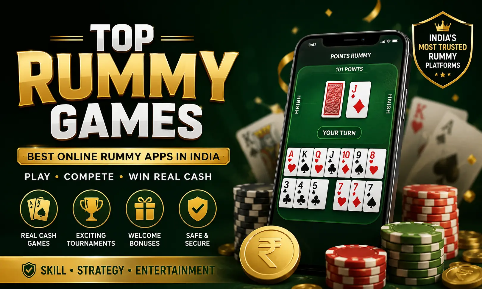 Top Rummy Games in India 2026 featuring the best online rummy apps, cash games, tournaments, and bonus offers