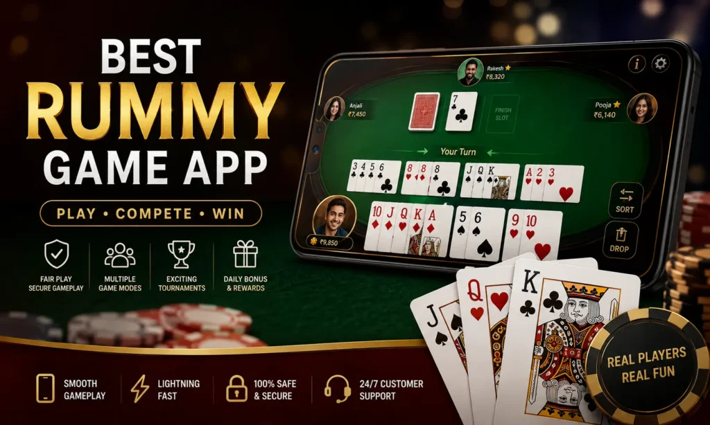 Best Rummy Game App 2026 displayed on a smartphone with playing cards and modern gaming interface