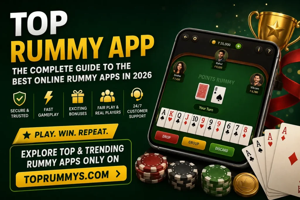 Top Rummy App 2026 guide featuring online rummy gameplay on mobile, secure gaming, bonuses, and trending rummy apps in India.