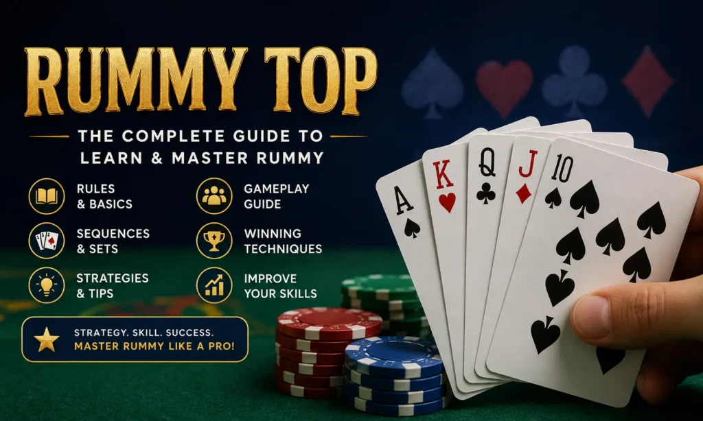 Professional Rummy Top guide featuring playing cards, sequences, sets, and strategy concepts for learning and mastering the rummy card game in 2026.