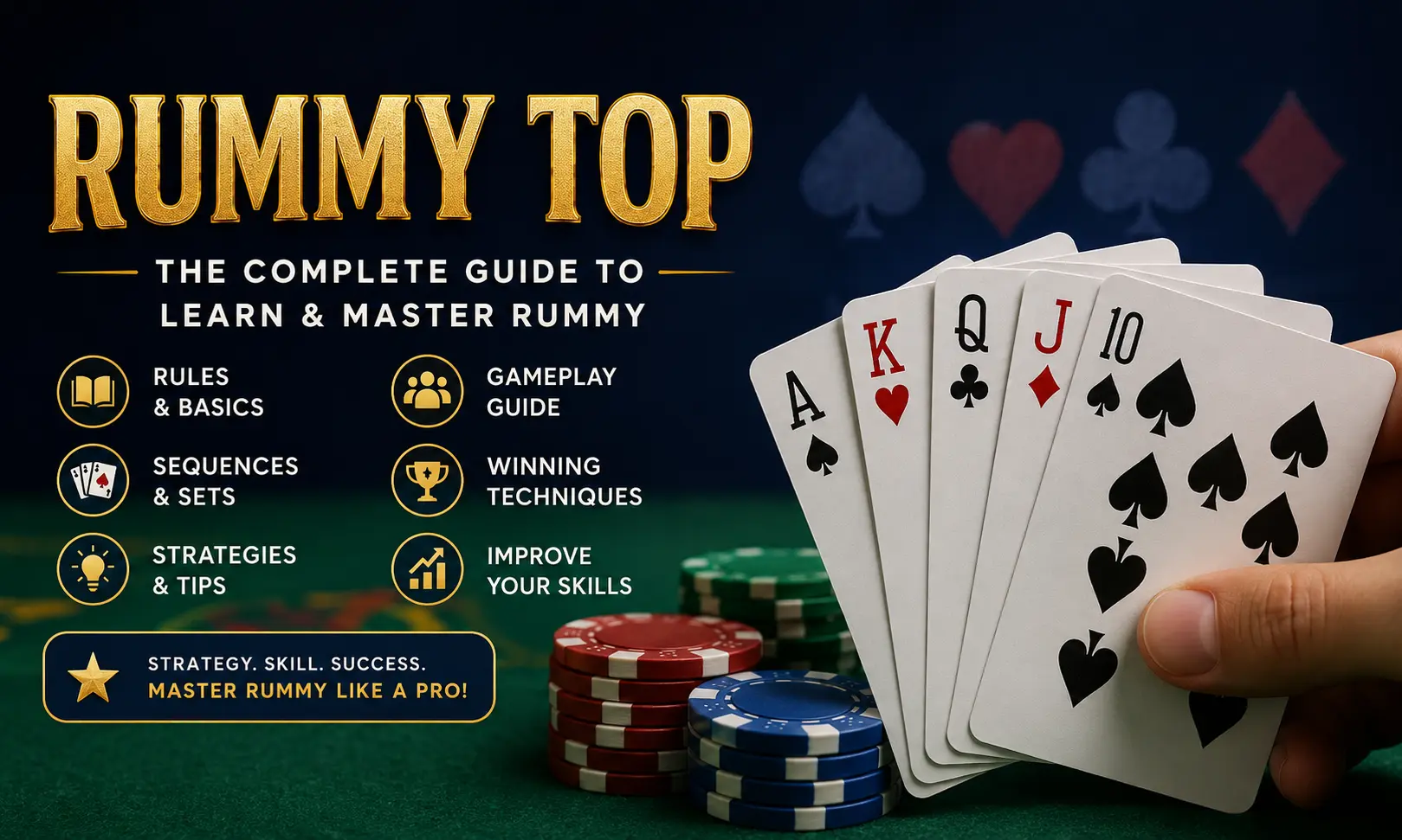 Professional Rummy Top guide featuring playing cards, sequences, sets, and strategy concepts for learning and mastering the rummy card game in 2026.