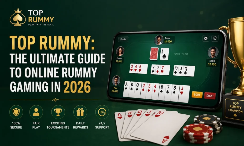 Professional online rummy gaming illustration featuring playing cards, mobile rummy app, gaming chips, and tournament rewards for the ultimate online rummy guide in 2026.