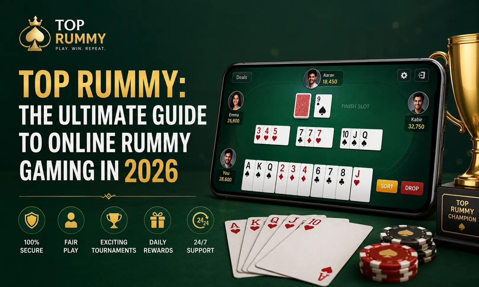 Professional online rummy gaming illustration featuring playing cards, mobile rummy app, gaming chips, and tournament rewards for the ultimate online rummy guide in 2026.