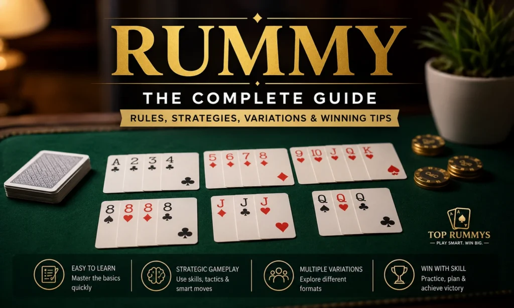 Professional rummy card game setup showing valid sets and sequences on a green table with playing cards and chips