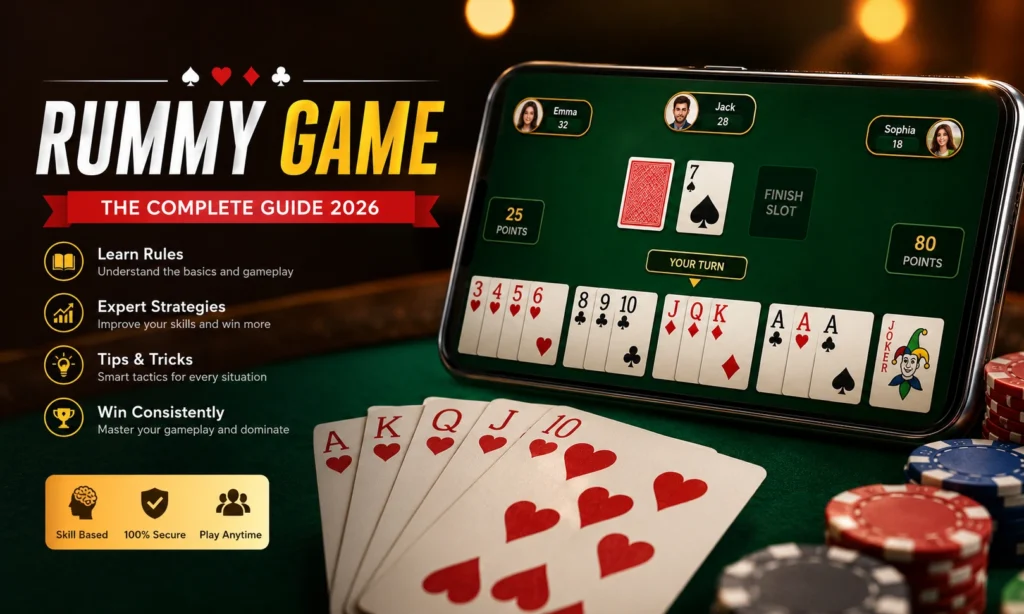 Professional online rummy game interface with playing cards, poker chips, and winning card combinations displayed on a mobile device in 2026.