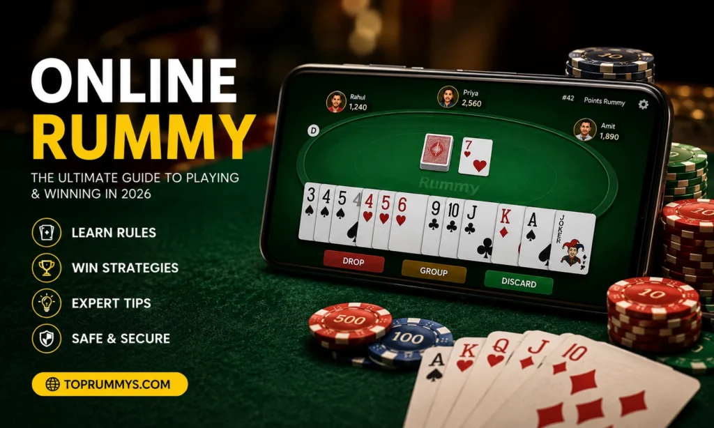Professional online rummy game displayed on a smartphone with playing cards, chips, and winning strategies for online rummy players in 2026.Professional online rummy game displayed on a smartphone with playing cards, chips, and winning strategies for online rummy players in 2026.