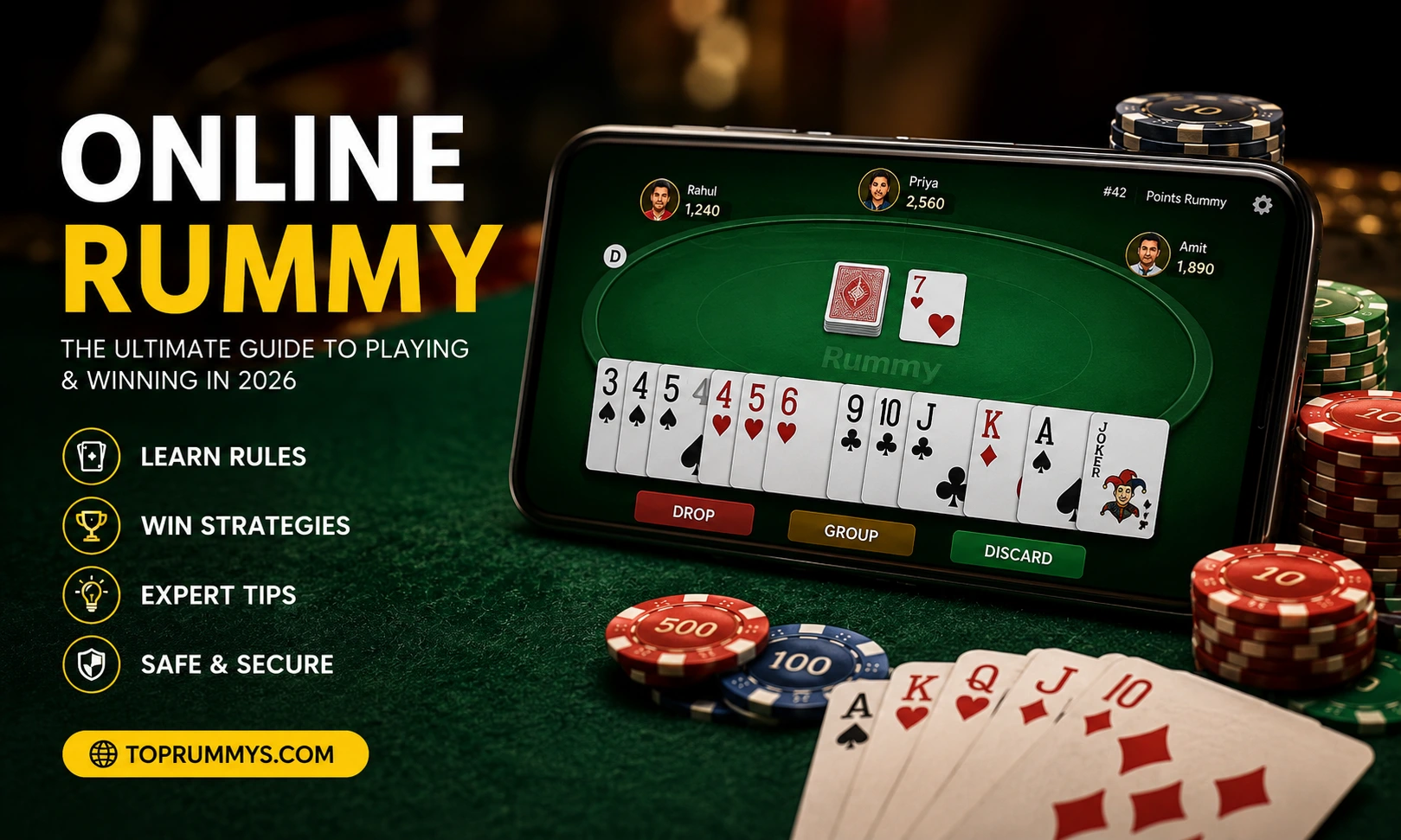 Professional online rummy game displayed on a smartphone with playing cards, chips, and winning strategies for online rummy players in 2026.Professional online rummy game displayed on a smartphone with playing cards, chips, and winning strategies for online rummy players in 2026.