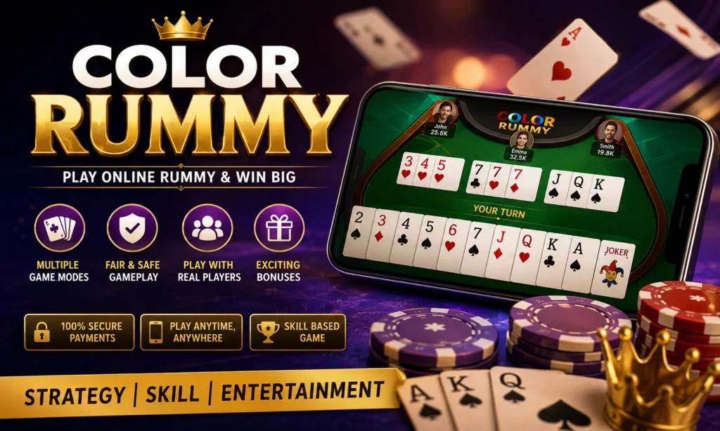 Color Rummy online card game interface with playing cards, chips, and mobile gameplay illustration for online rummy guide 2026