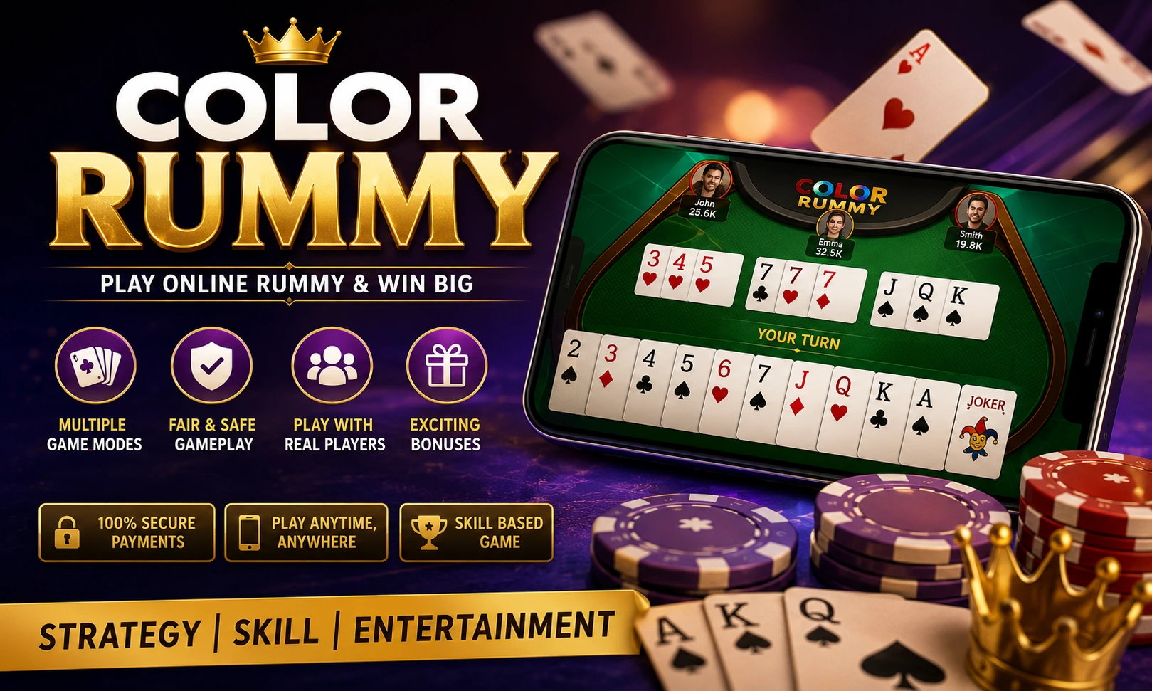 Color Rummy online card game interface with playing cards, chips, and mobile gameplay illustration for online rummy guide 2026