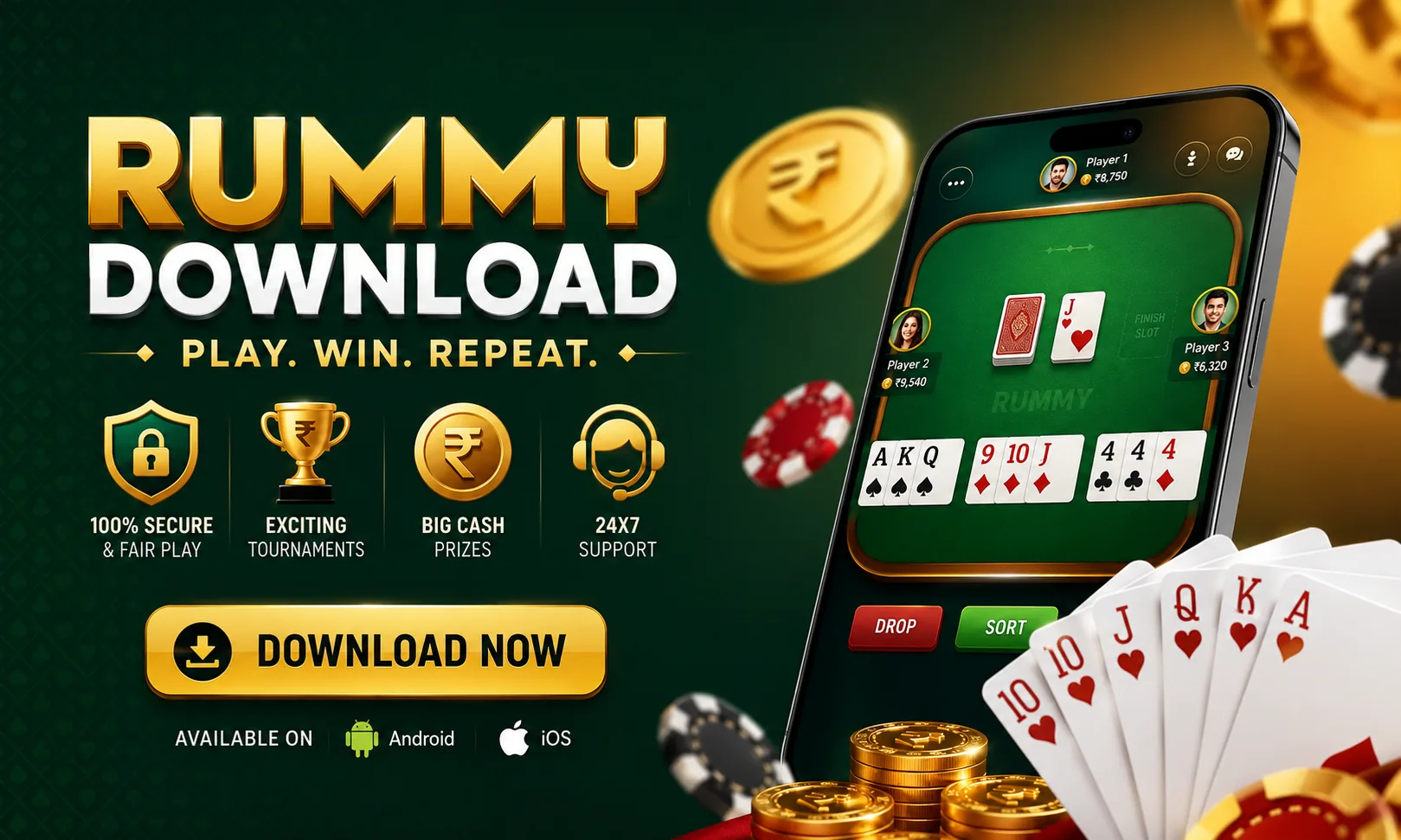 Professional Rummy Download banner showing a mobile rummy app, playing cards, secure gaming features, tournaments, and online gameplay in 2026.