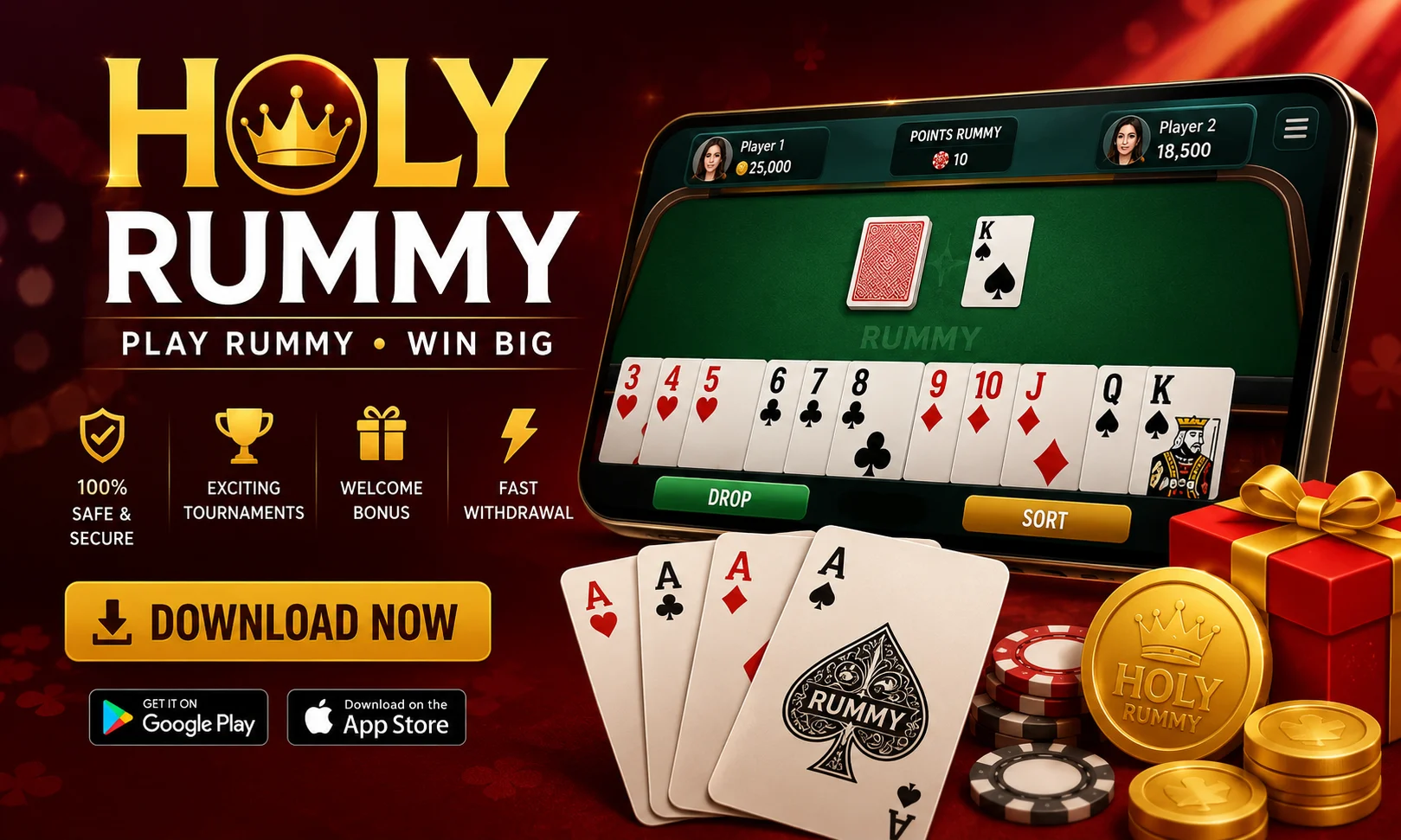 Holy Rummy online rummy app showing gameplay, bonus rewards, tournaments, secure gaming, and card sequences in 2026.