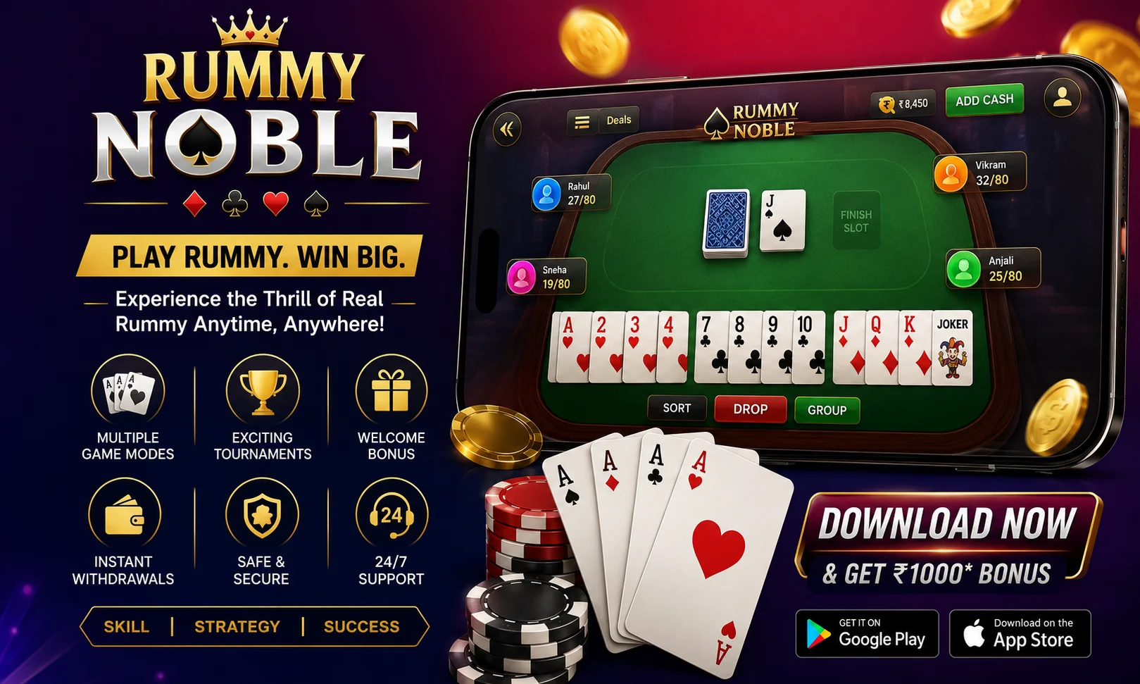 Rummy Noble online rummy app displayed on a smartphone with playing cards, gaming chips, bonuses, tournaments, and winning strategy features in 2026