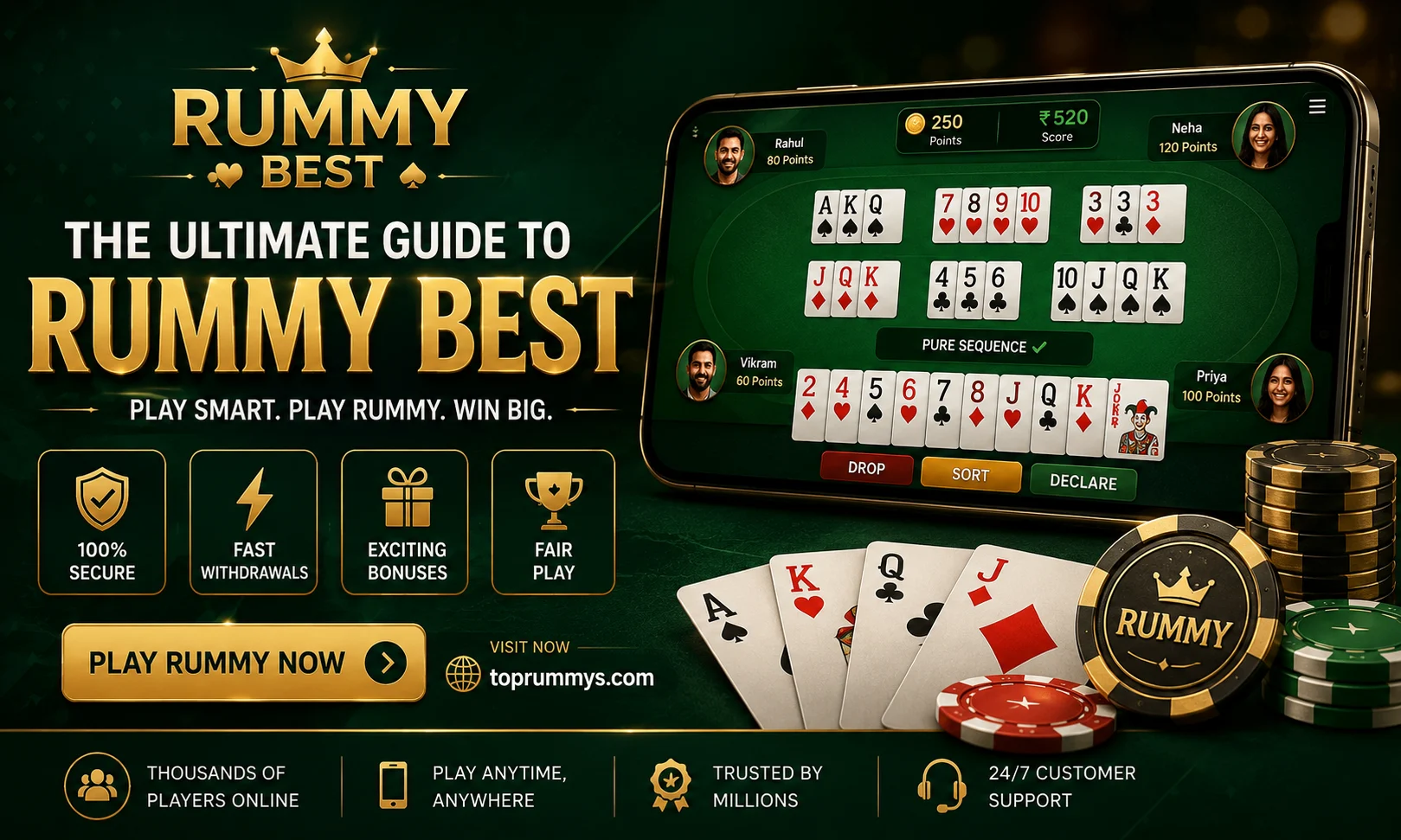Professional illustration of Rummy Best online card game featuring strategic gameplay, mobile rummy app interface, playing cards, and premium gaming experience in 2026.