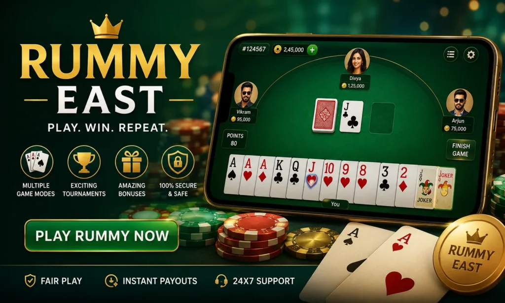 Rummy East online rummy game interface with bonuses, tournaments, and mobile gameplay features in 2026.
