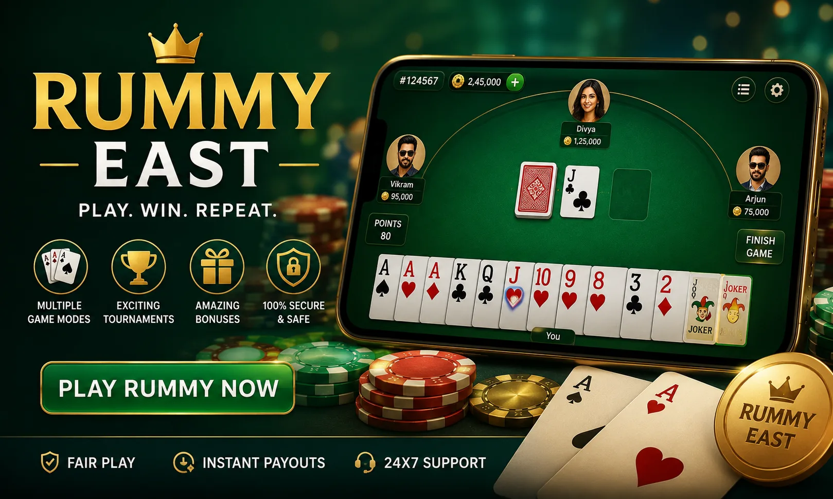 Rummy East online rummy game interface with bonuses, tournaments, and mobile gameplay features in 2026.