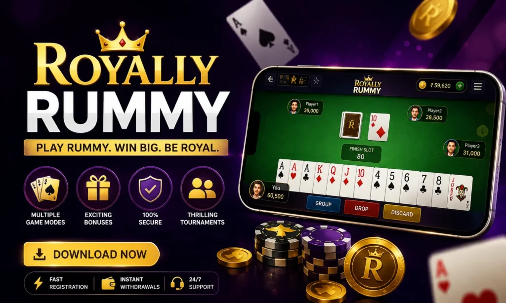Royally Rummy app gameplay interface with bonus offers, tournaments, and online rummy features
