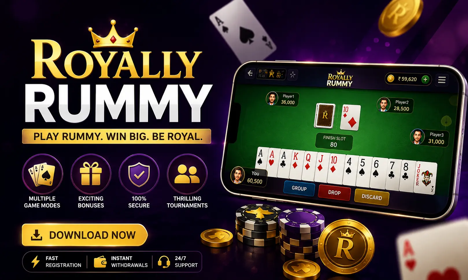 Royally Rummy app gameplay interface with bonus offers, tournaments, and online rummy features