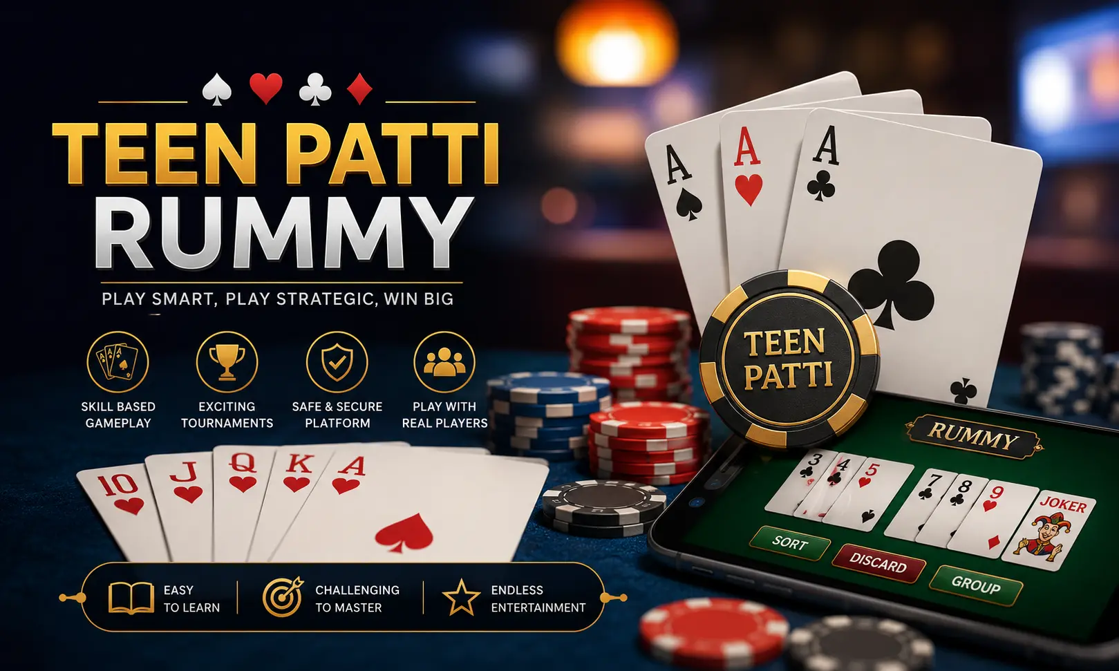 Teen Patti Rummy online card game guide featuring playing cards, poker chips, and mobile gameplay strategy for Indian card game enthusiasts.
