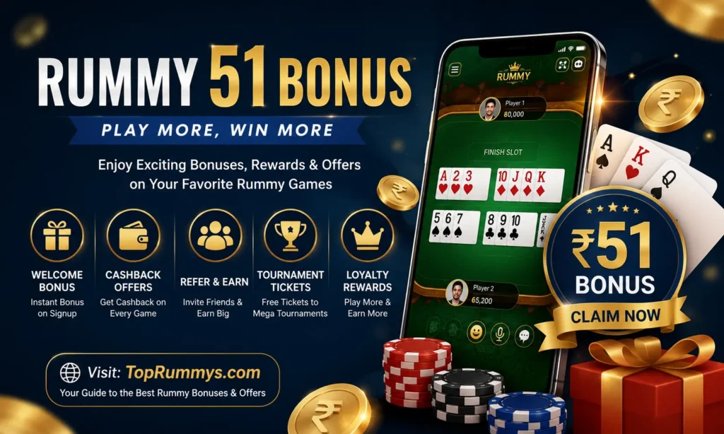 Rummy 51 Bonus promotion featuring online rummy rewards, welcome bonus offers, cashback rewards, and tournament benefits for players.