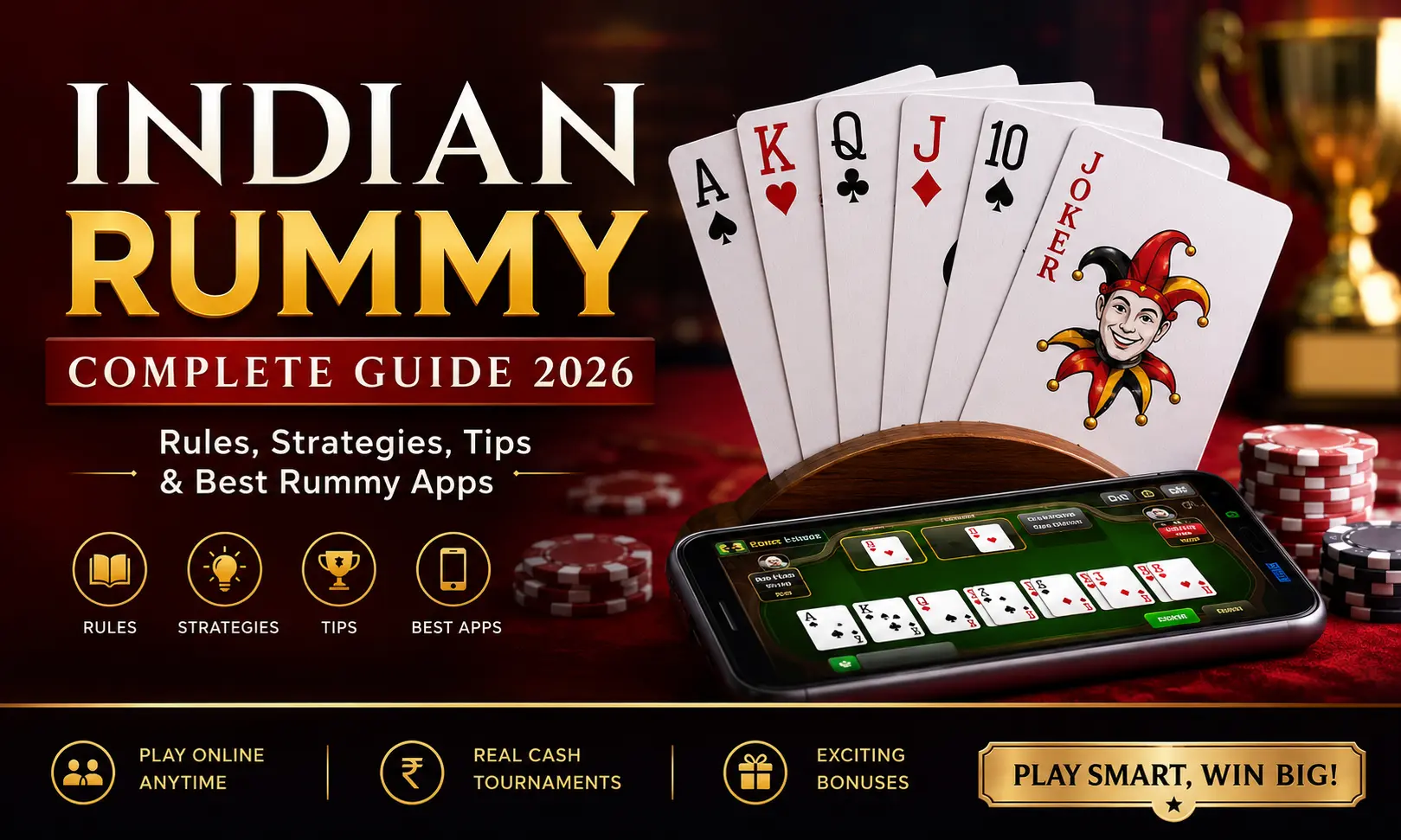 Indian Rummy guide 2026 showing playing cards, joker cards, online rummy app, winning strategies, and real cash rummy gameplay.