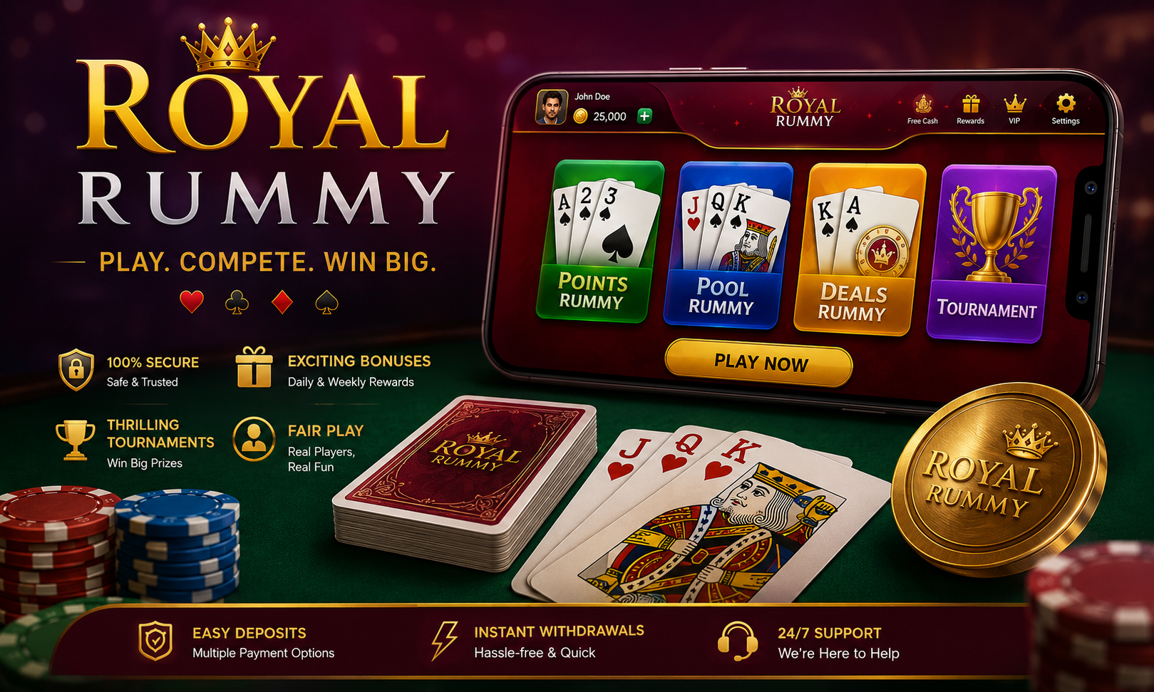 Royal Rummy online card game platform displayed on a smartphone with playing cards, tournament rewards, bonuses, and professional gaming interface.