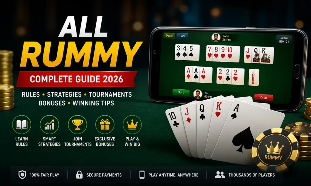 All Rummy complete guide showing online rummy gameplay, card strategies, tournaments, bonuses, and winning tips for players.