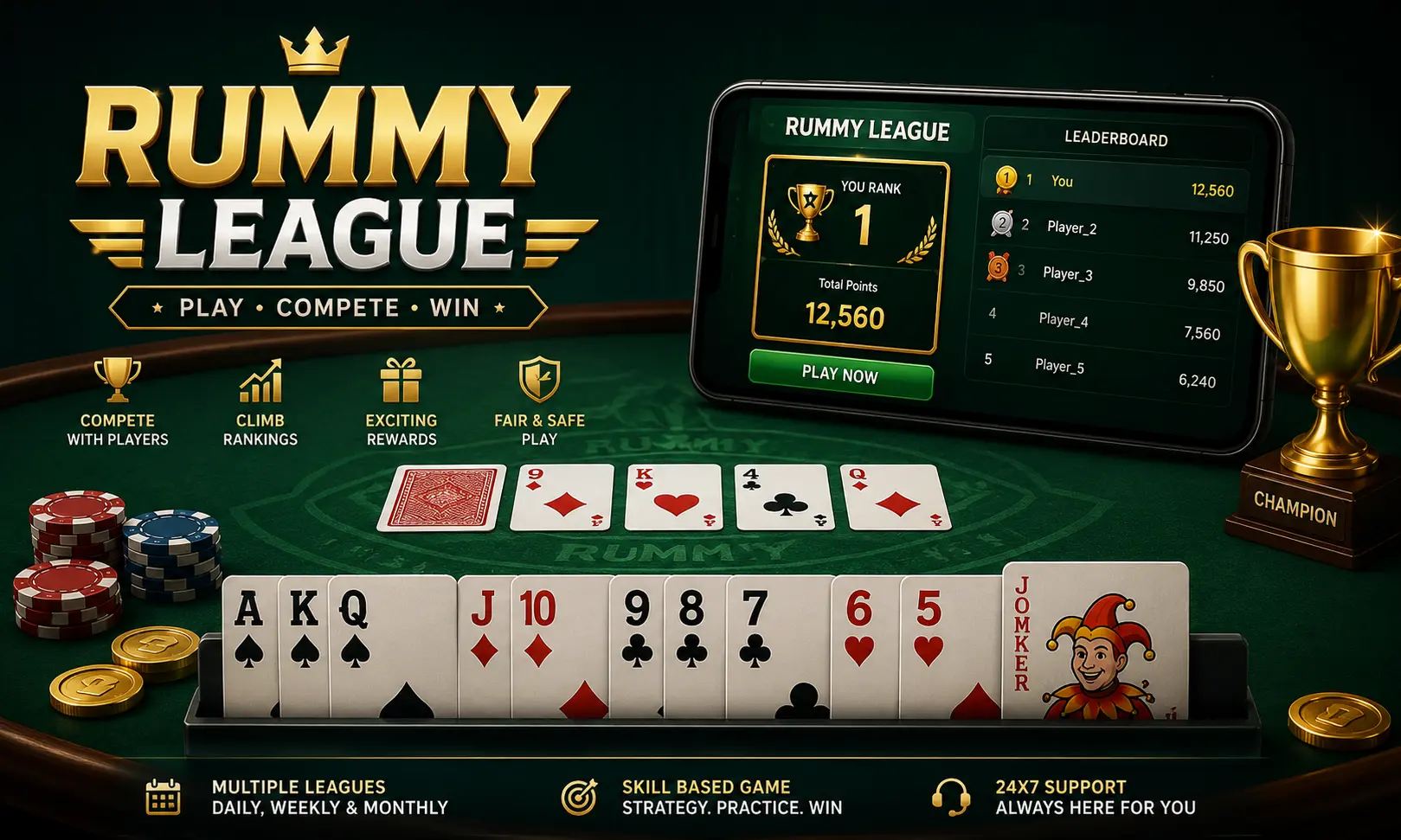 Rummy League tournament leaderboard with playing cards, trophy, rankings, and online competitive gameplay