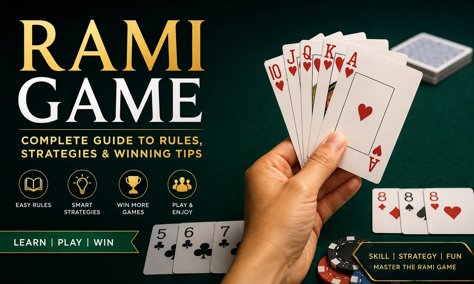 Rami Game complete guide showing playing cards, winning sequences, strategies, and professional card game gameplay setup