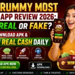 Rummy Most App Review 2026 poster showing Real or Fake review, Download APK option, Earn Real Cash Daily claim, latest app review, instant withdrawal, secure gaming and cash rewards.