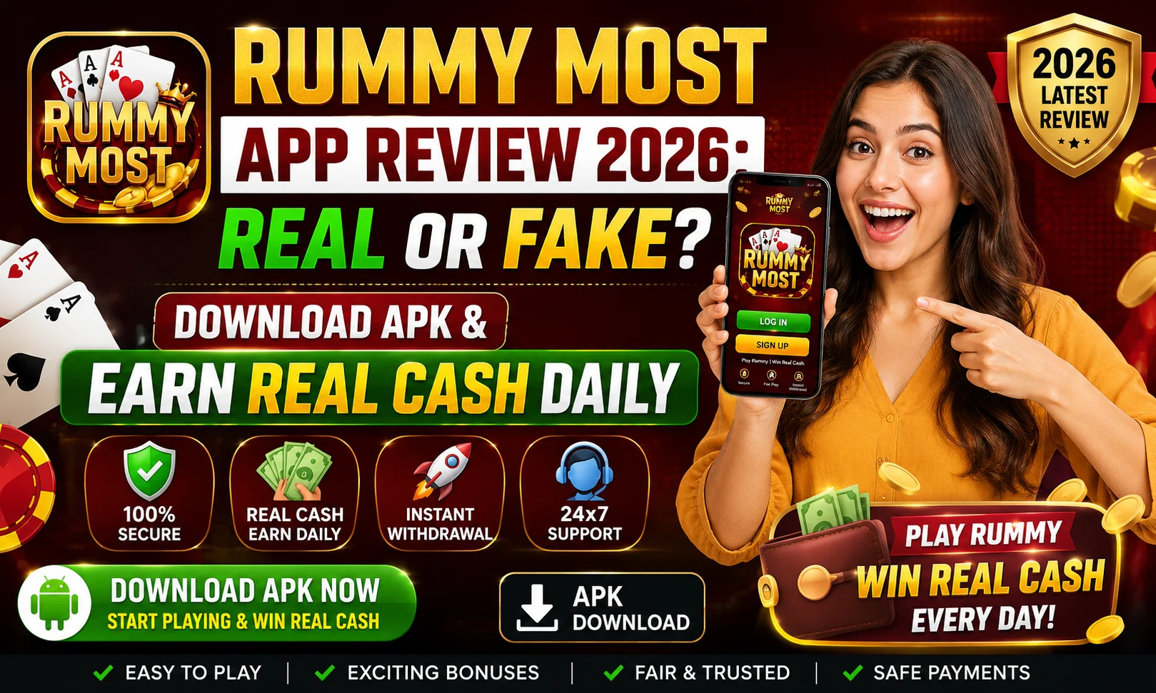 Rummy Most App Review 2026 poster showing Real or Fake review, Download APK option, Earn Real Cash Daily claim, latest app review, instant withdrawal, secure gaming and cash rewards.