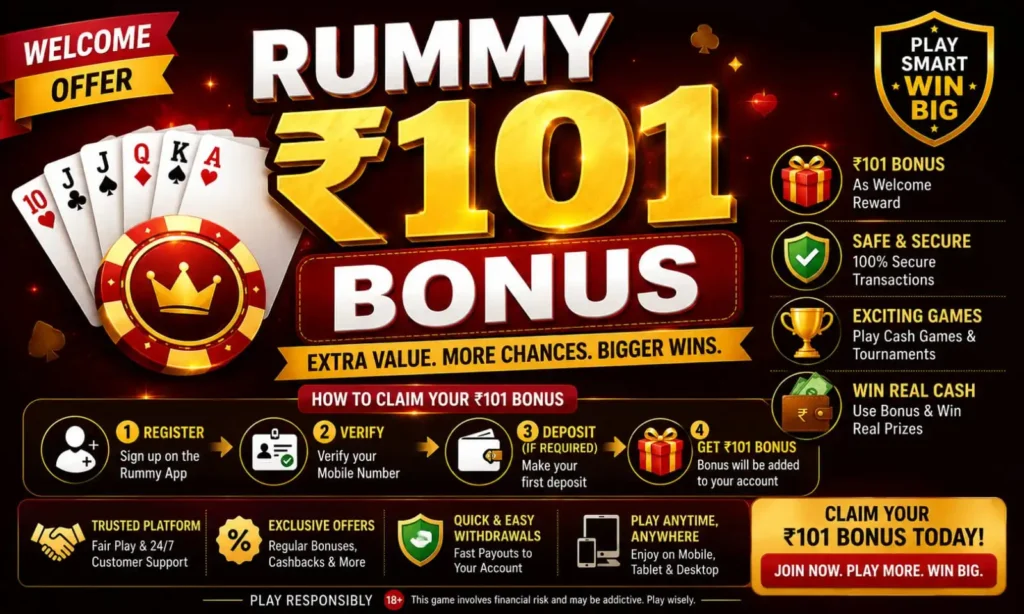 Rummy ₹101 Bonus Welcome Offer Poster with Complete Claim Guide and Benefits