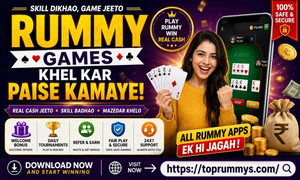 Ek colorful promotional poster jisme ek player smartphone par online rummy game khelte hue dikh raha hai. Poster mein Real Cash, Welcome Bonus, Daily Tournaments, Refer & Earn aur Safe Gaming jaise features highlight kiye gaye hain. Saath hi TopRummys website se best rummy apps download karne ka call-to-action diya gaya hai.