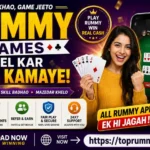Ek colorful promotional poster jisme ek player smartphone par online rummy game khelte hue dikh raha hai. Poster mein Real Cash, Welcome Bonus, Daily Tournaments, Refer & Earn aur Safe Gaming jaise features highlight kiye gaye hain. Saath hi TopRummys website se best rummy apps download karne ka call-to-action diya gaya hai.