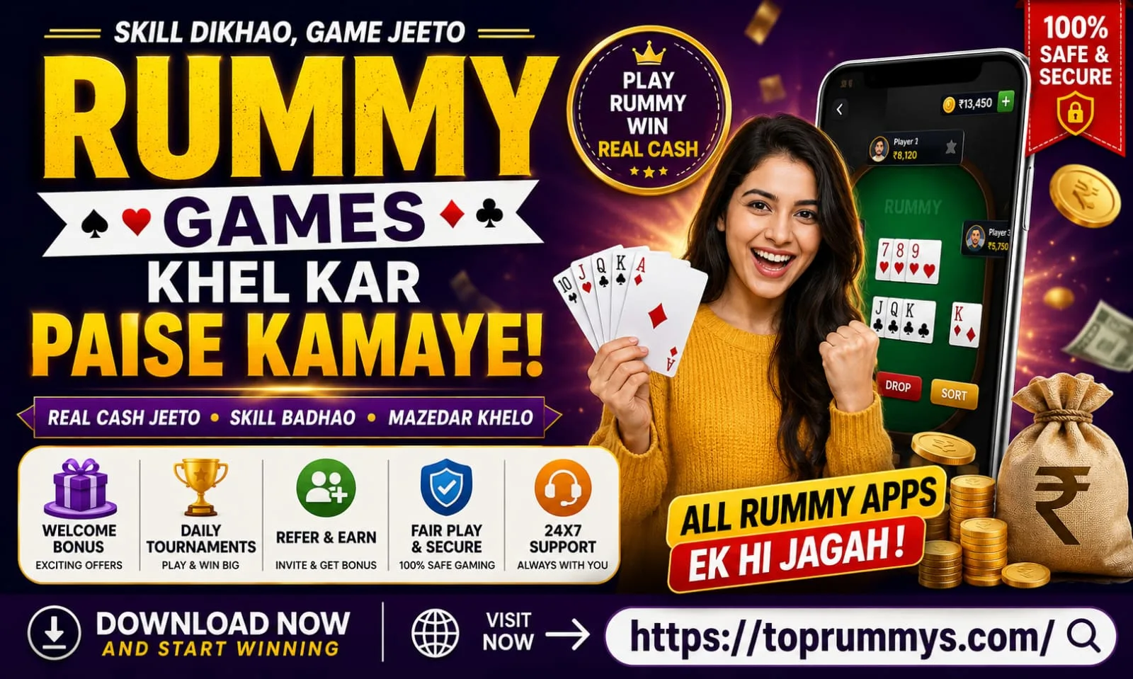 Ek colorful promotional poster jisme ek player smartphone par online rummy game khelte hue dikh raha hai. Poster mein Real Cash, Welcome Bonus, Daily Tournaments, Refer & Earn aur Safe Gaming jaise features highlight kiye gaye hain. Saath hi TopRummys website se best rummy apps download karne ka call-to-action diya gaya hai.